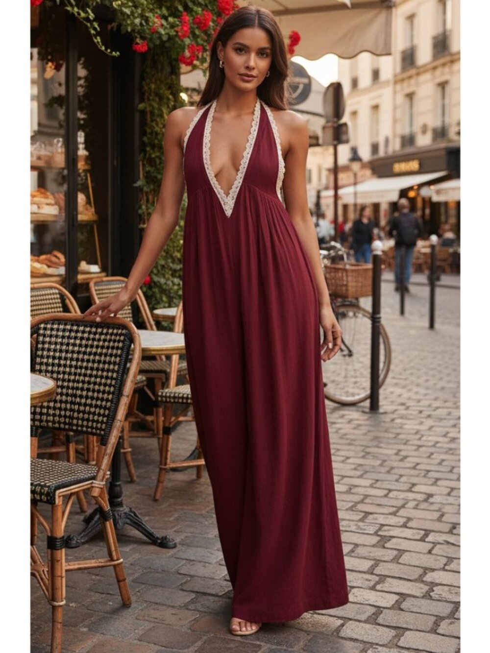 Lace Trim Plunging V-Neck Ultra Wide Leg Boho Jumpsuit Sleeveless One-Piece